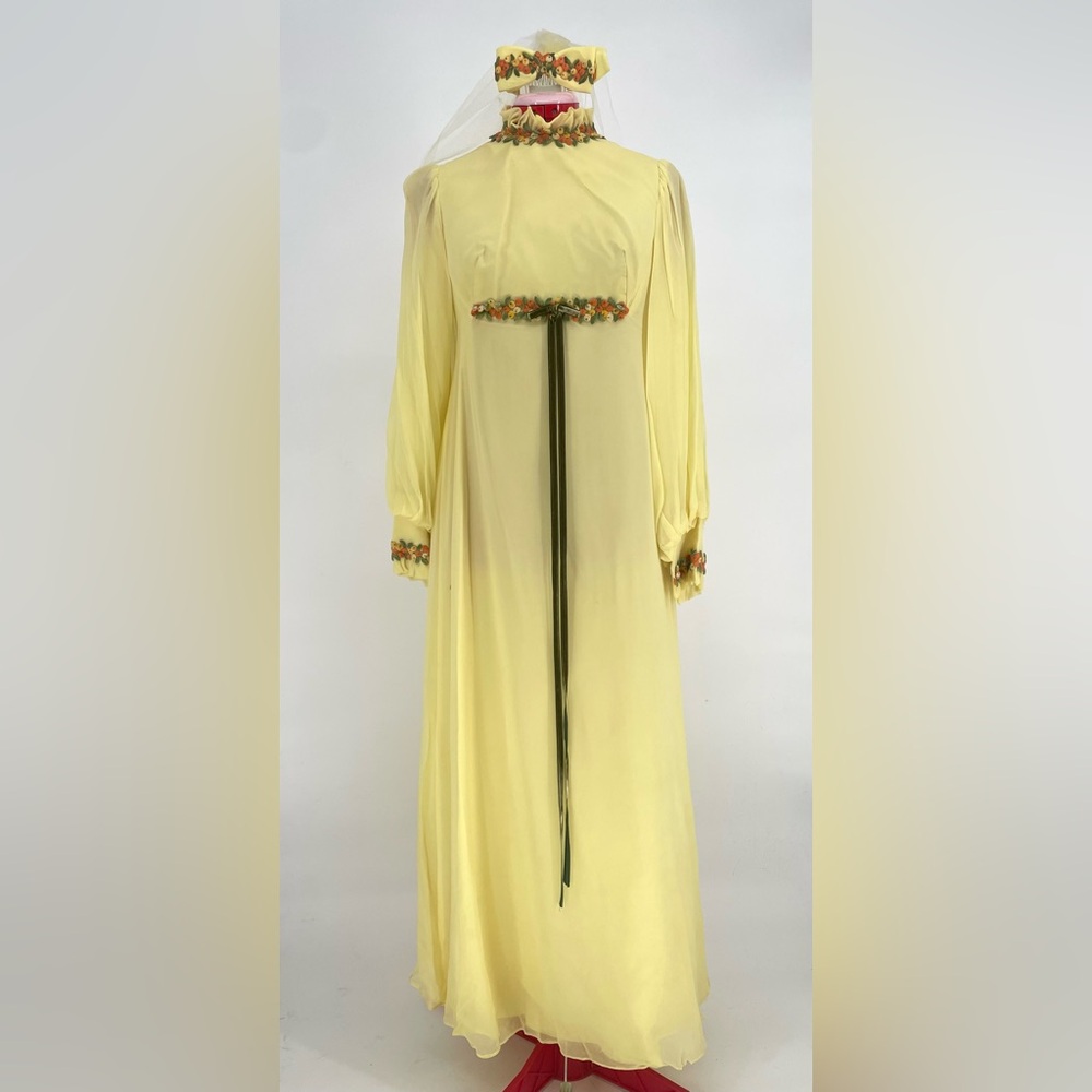 1970s Yellow Embroidered Maxi Gown W Bow Veil Hairpiece Spring Bridesmaid Dress